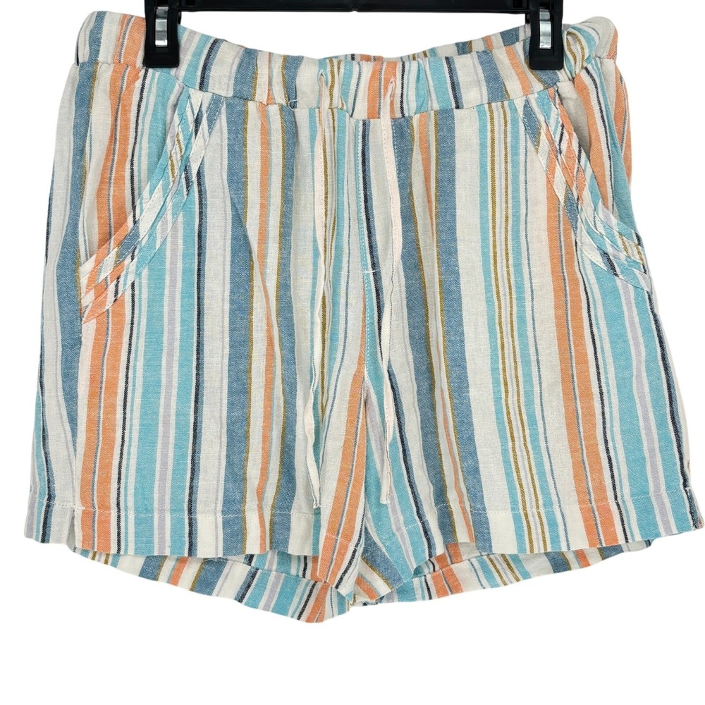 Briggs Linen Blend Pull On Shorts M Blue Orange Stripe Casual Summer Pockets